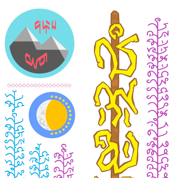This is the front page of a fictional newpaper from a land of fae creatures. As such, every bit of it is brightly colored. This includes the text, shown in an invented vertically-oriented alphabet reminiscent of tangled sprigs coming off of vines. In contrast with the very clean-lined type, the banner has the paper’s name in scrawly letters set on top of the handle of a long wooden spoon. The start of each article features a circular seal representing the places involved; stylized mountain peaks with letters from two different alphabets, a combined sun and moon, a crescent moon with three stars, a grey cloud pierced with rays of sunlight, a flower with colorful petals, a crab holding a pearl, a colorful fish, three trees with raindrops above, and a mountain's silhouette at sunset.